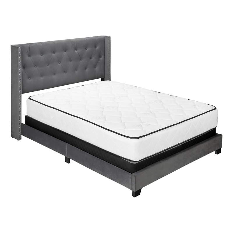 Bed Queen Size Platform Bedroom Frame Upholstered Velvet Grey Chrome