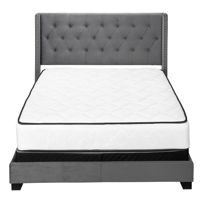 Bed Queen Size Platform Bedroom Frame Upholstered Velvet Grey Chrome