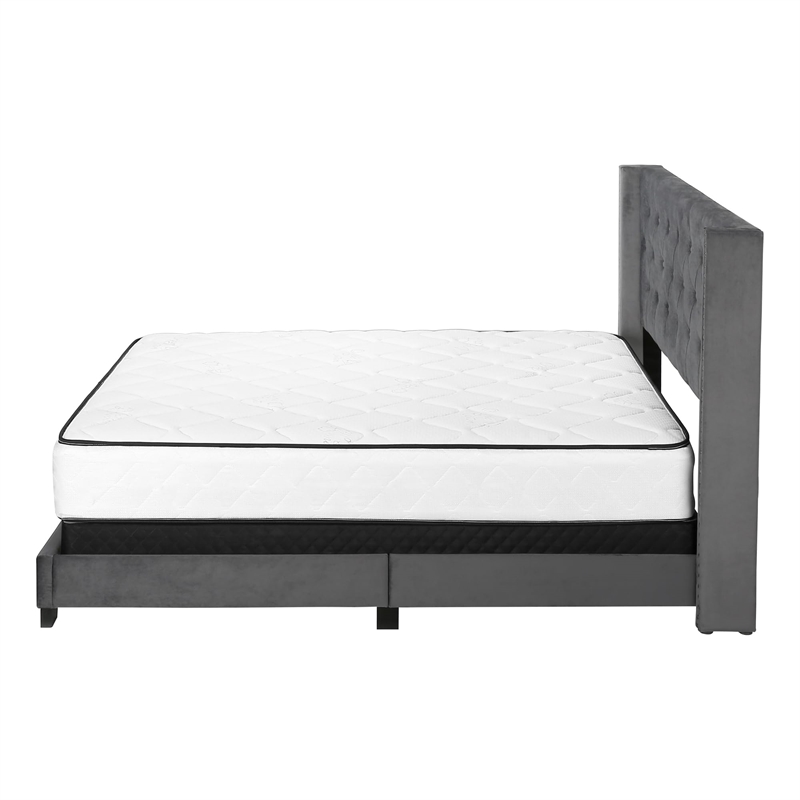 Bed Queen Size Platform Bedroom Frame Upholstered Velvet Grey Chrome