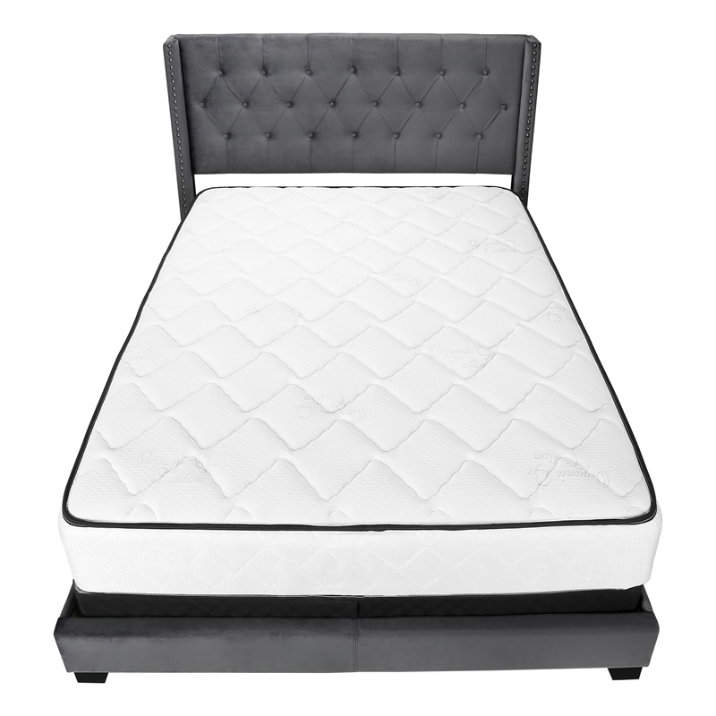 Bed Queen Size Platform Bedroom Frame Upholstered Velvet Grey Chrome