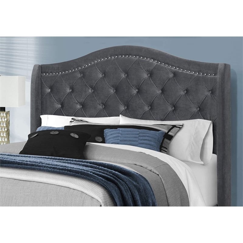 Bed Queen Size Platform Bedroom Frame Upholstered Velvet Grey Chrome