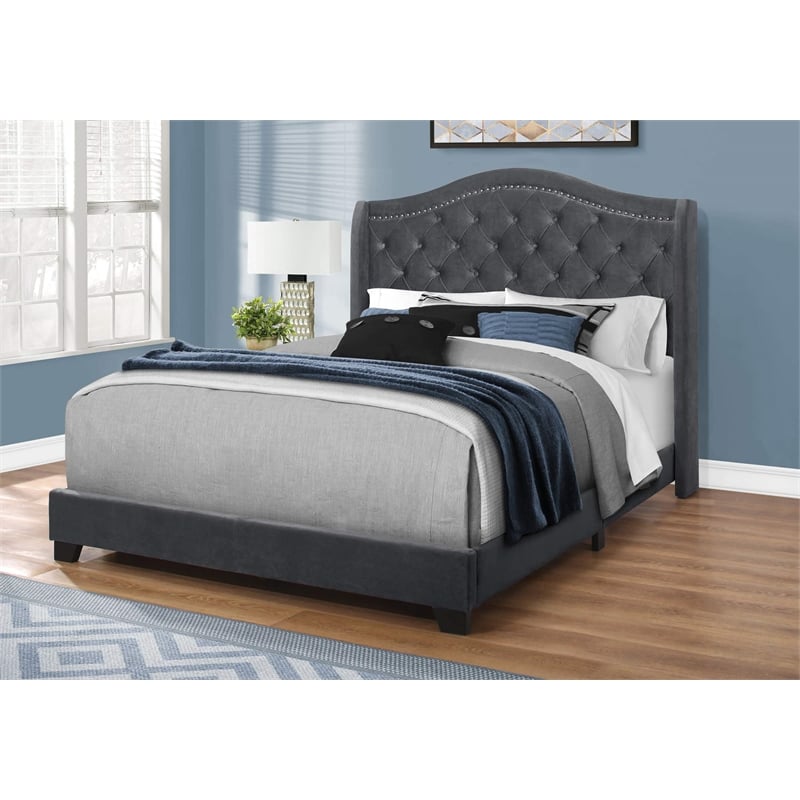 Bed Queen Size Platform Bedroom Frame Upholstered Velvet Grey Chrome