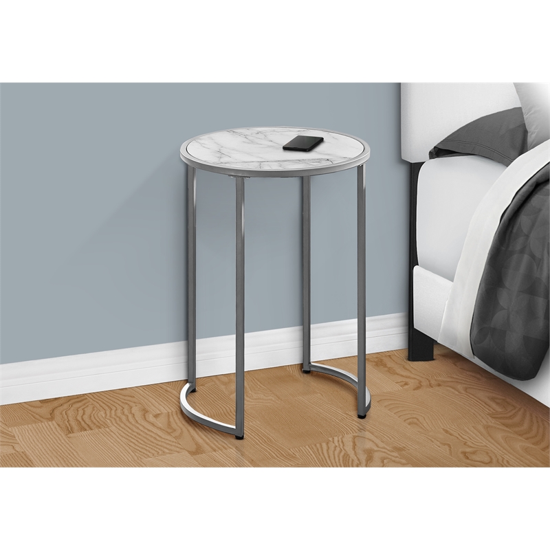 Accent Table Side Round End Lamp Bedroom Metal White Marble Look