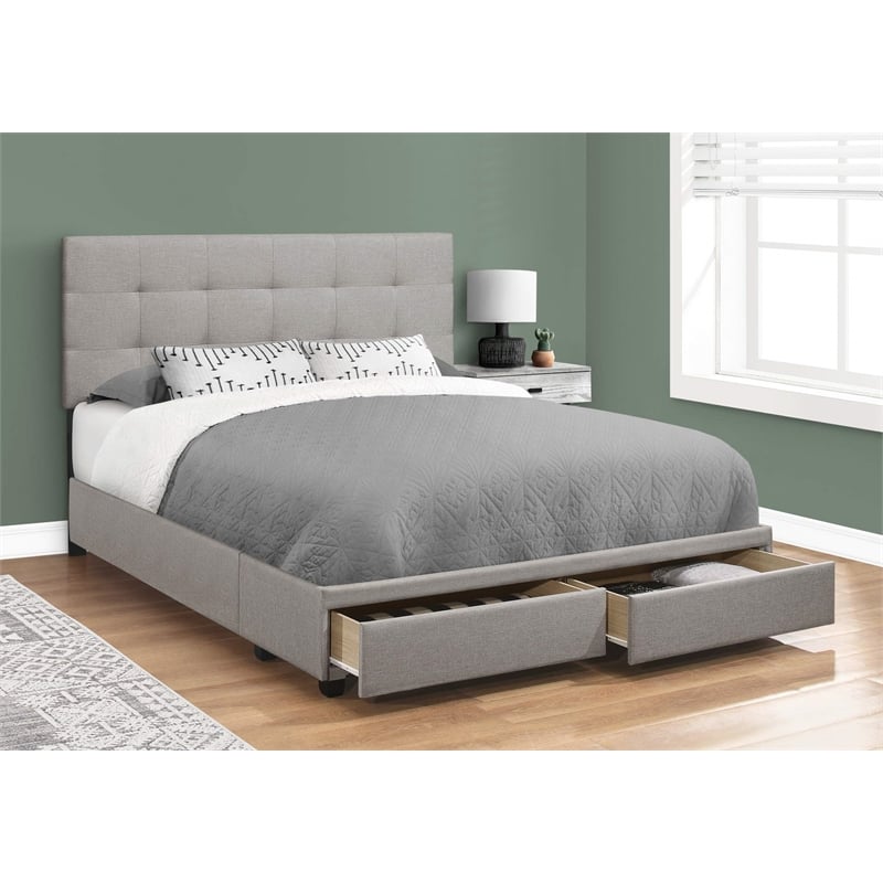 Bed Queen Size Platform Bedroom Frame Upholstered Linen Look Grey