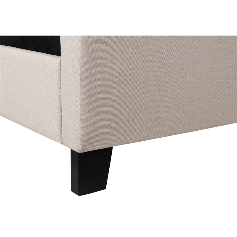 Bed Queen Size Platform Bedroom Frame Upholstered Linen Look Beige Black