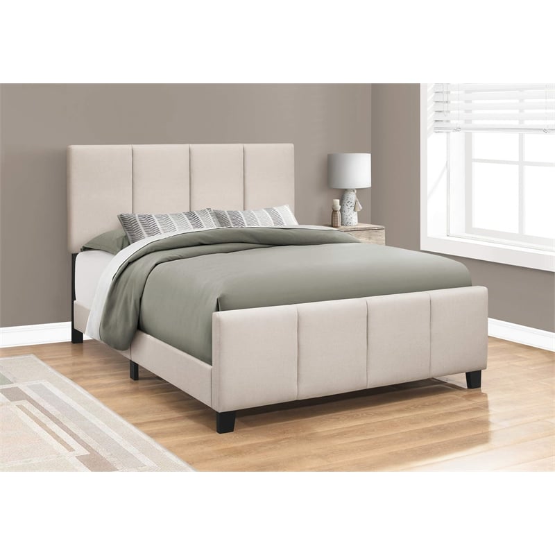 Bed Queen Size Platform Bedroom Frame Upholstered Linen Look Beige Black