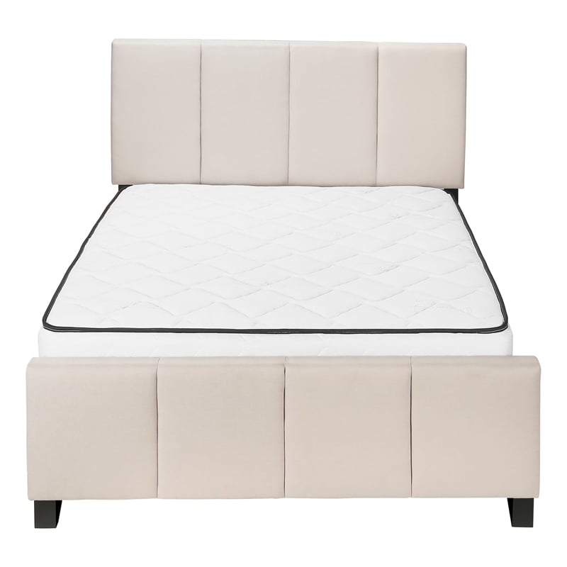 Bed Queen Size Platform Bedroom Frame Upholstered Linen Look Beige Black