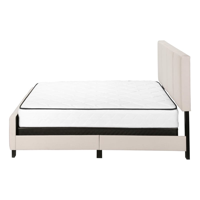 Bed Queen Size Platform Bedroom Frame Upholstered Linen Look Beige Black