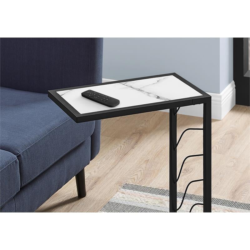 Accent Table C-shaped End Side Snack Bedroom Metal White Marble Look