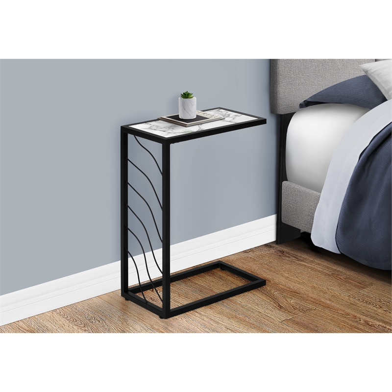 Accent Table C-shaped End Side Snack Bedroom Metal White Marble Look