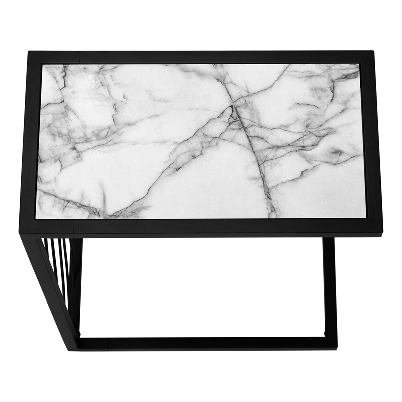 Accent Table C-shaped End Side Snack Bedroom Metal White Marble Look