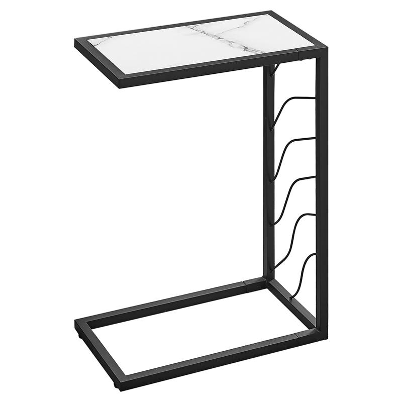 Accent Table C-shaped End Side Snack Bedroom Metal White Marble Look