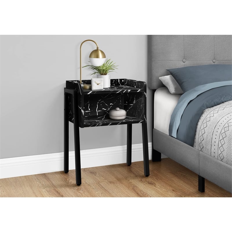 Accent Table Side End Nightstand Lamp Bedroom Metal Black Marble Look