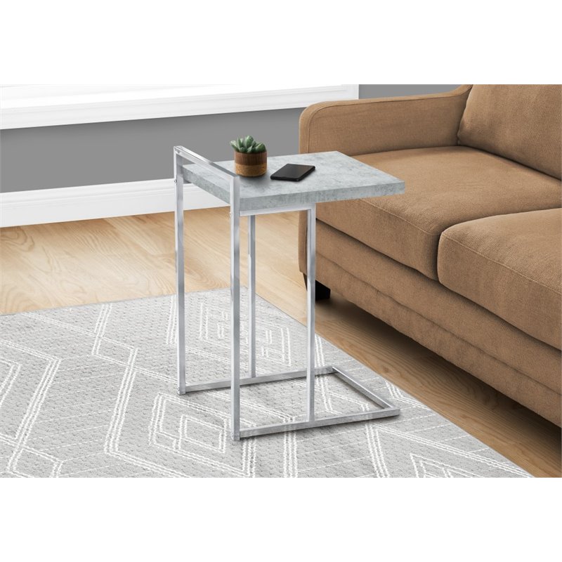 Monarch Thick Faux Cement Wood Panel Top C Side Table in Gray and Chrome