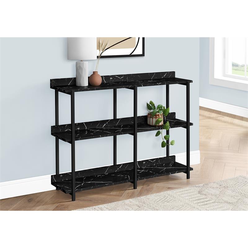 Accent Table Console Entryway Narrow Sofa Bedroom Metal Black Marble Look