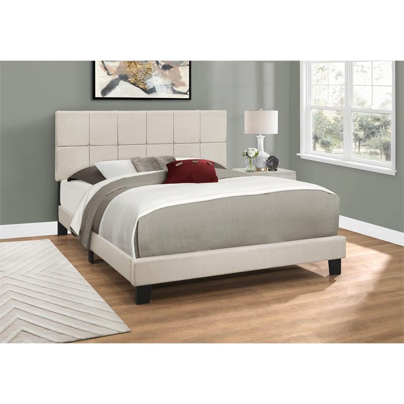 Bed Queen Size Platform Bedroom Frame Upholstered Linen Look Beige Black