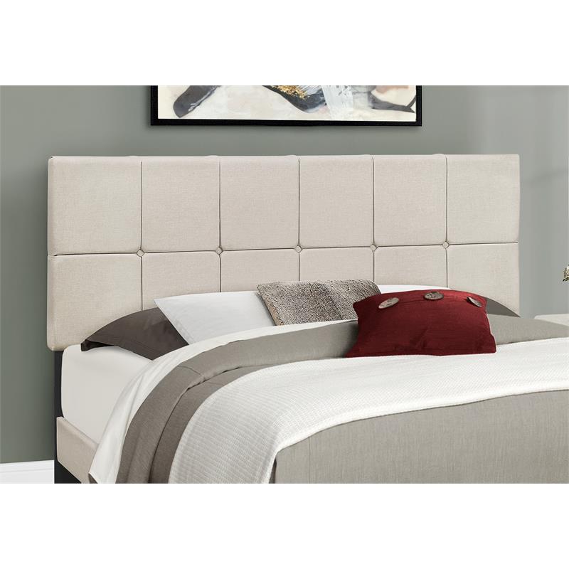 Bed Queen Size Platform Bedroom Frame Upholstered Linen Look Beige Black