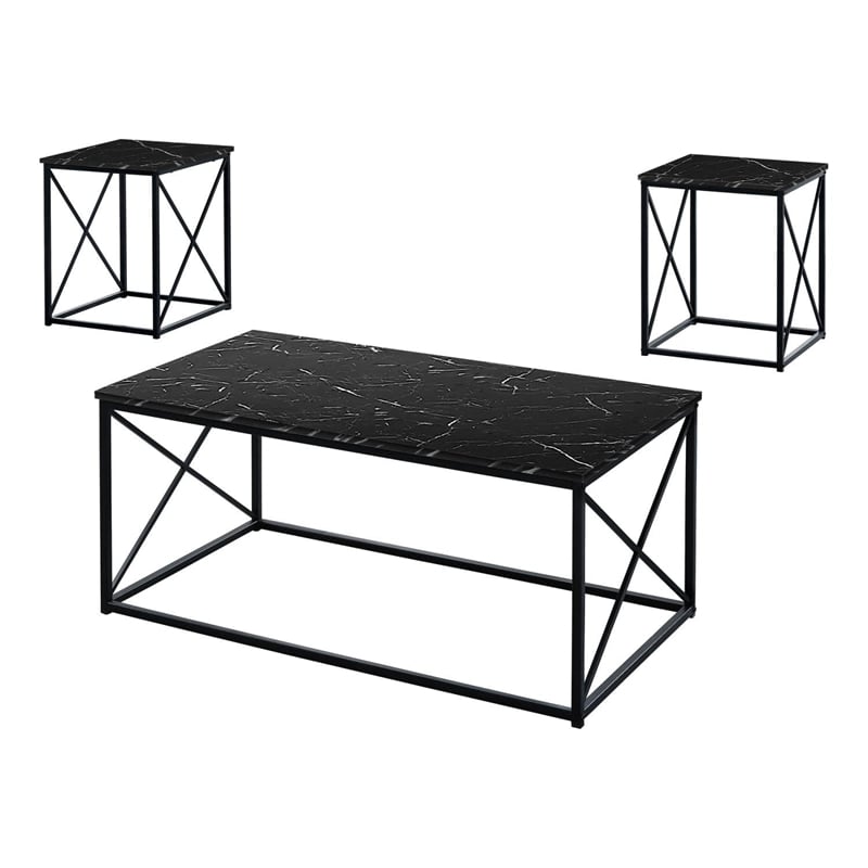 Table Set 3pcs Set Coffee End Side Accent Metal Black Marble Look