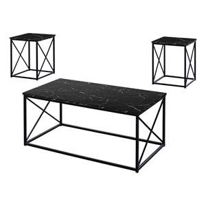Table Set 3pcs Set Coffee End Side Accent Metal Black Marble Look