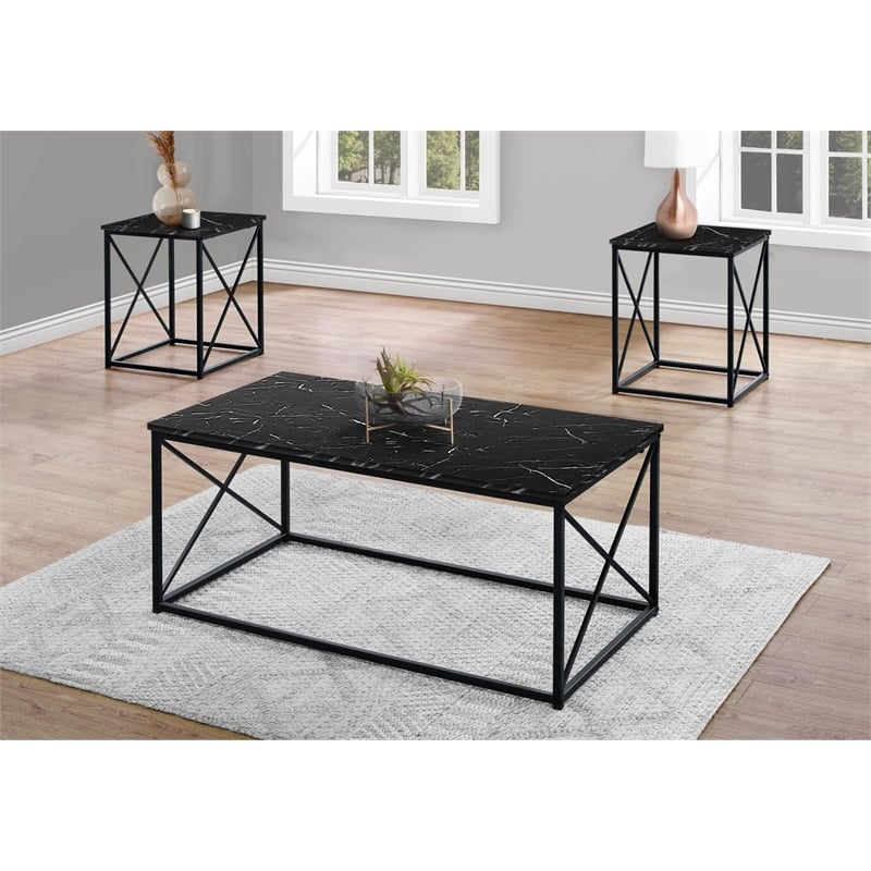 Table Set 3pcs Set Coffee End Side Accent Metal Black Marble Look