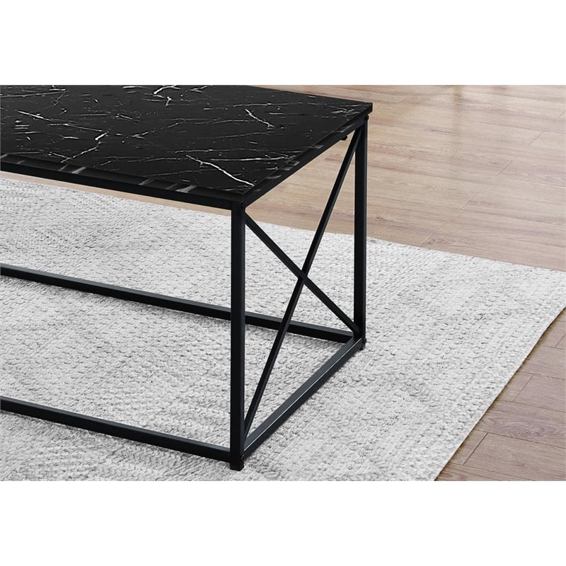 Table Set 3pcs Set Coffee End Side Accent Metal Black Marble Look