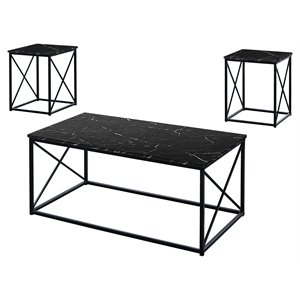 monarch 3-piece contemporary metal & marble-look coffee table set in black