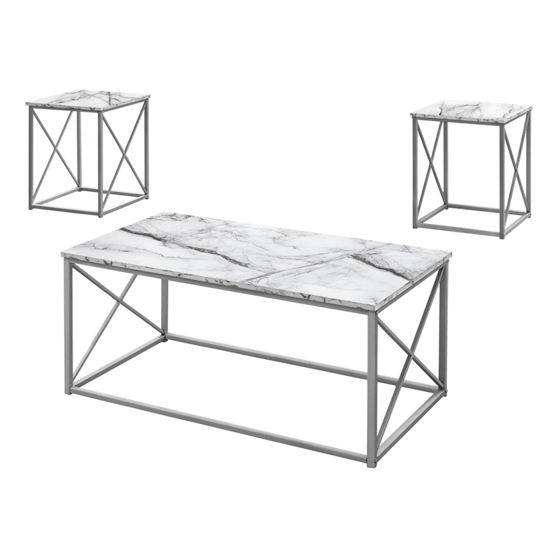 Table Set 3pcs Set Coffee End Side Accent Metal White Marble Look
