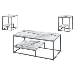 Monarch 3-Piece Contemporary Metal & Marble Coffee Table Set in White/Silver