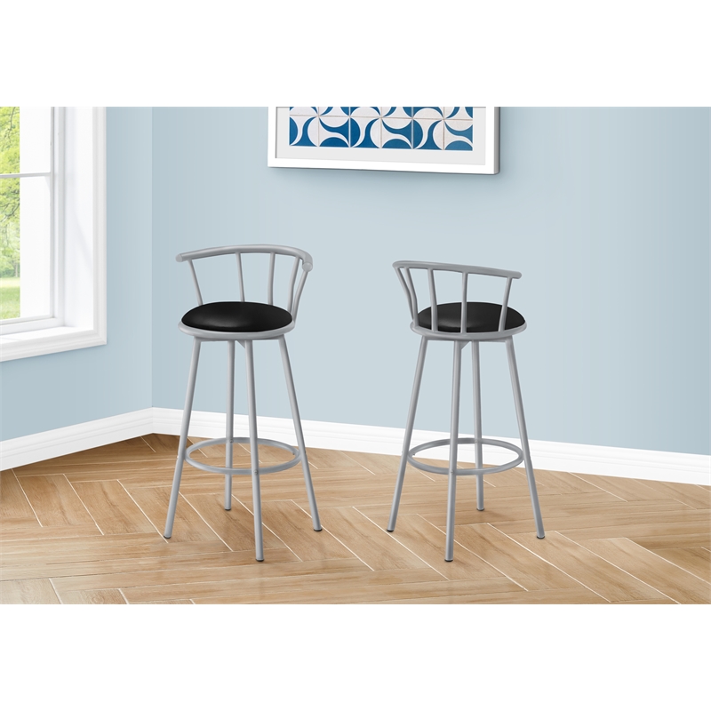 Bar Stool - Set Of 2 - Swivel - Bar Height - Grey Metal - Black Leather Look