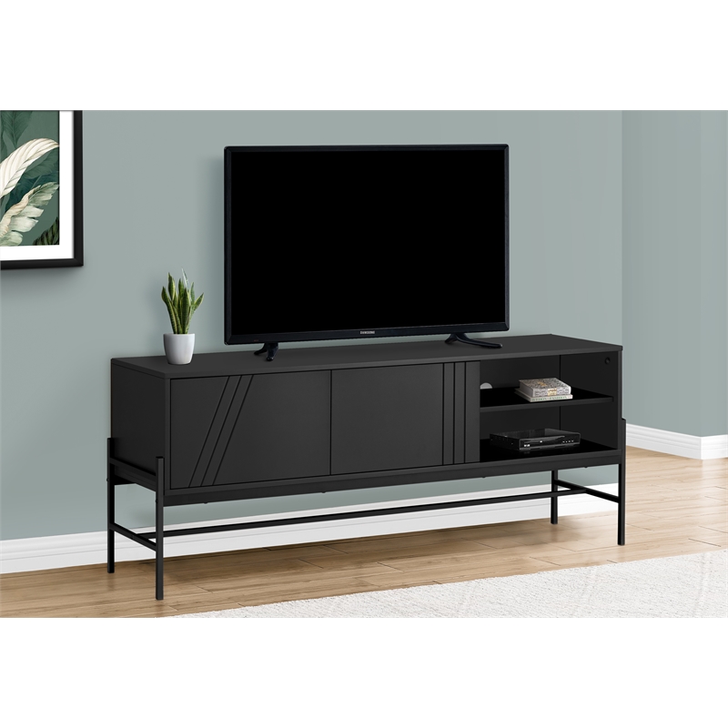 Tv Stand - 60 Inch Console With Storage - Black Laminate - Black Metal