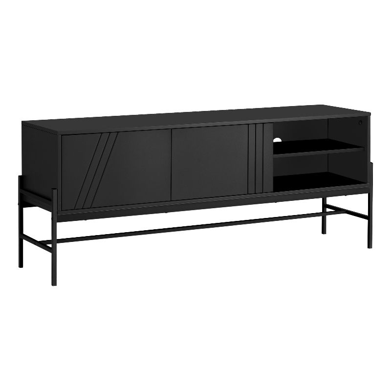 Tv Stand - 60 Inch Console With Storage - Black Laminate - Black Metal