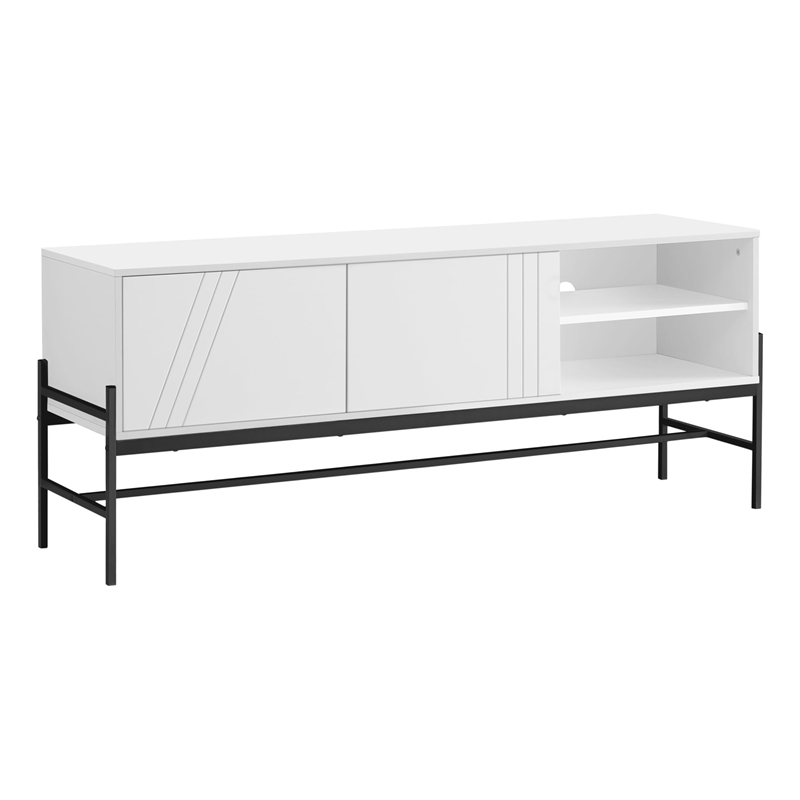Tv Stand - 60 Inch Console With Storage - White Laminate - Black Metal