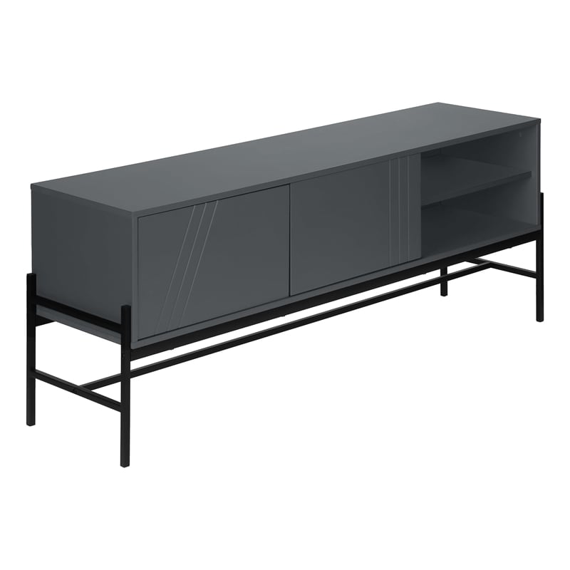 Tv Stand - 60 Inch Console With Storage - Gray Laminate - Black Metal