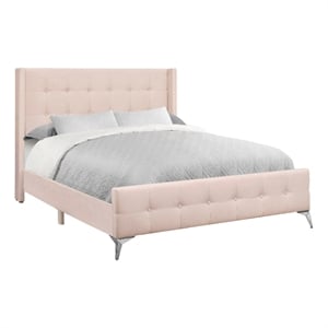 Queen Size Upholstered Bed - Pink Velvet - Chrome Metal Legs