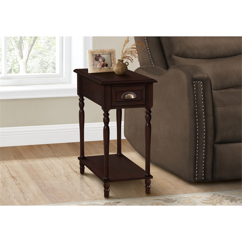 Accent Table - 2 Tier - Side Table - Narrow - Storage Drawer - Brown Veneer
