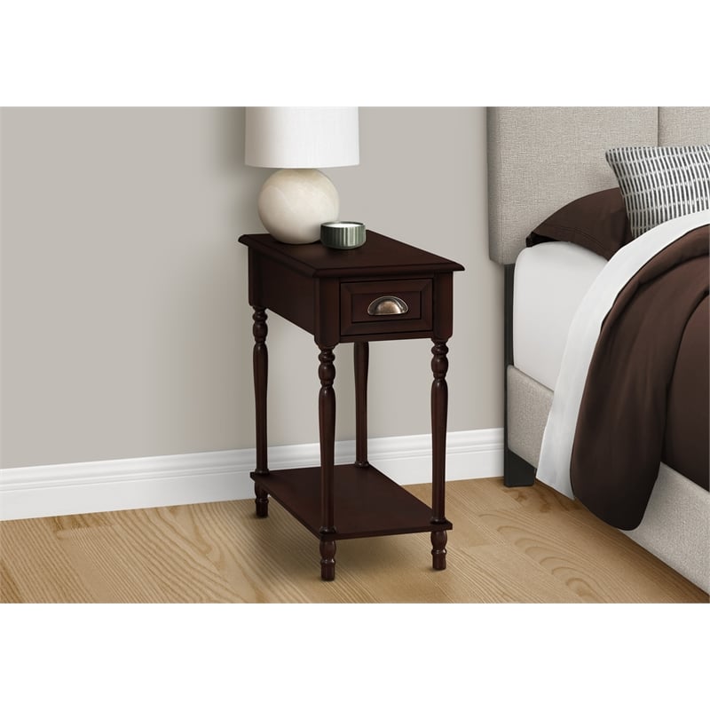 Accent Table - 2 Tier - Side Table - Narrow - Storage Drawer - Brown Veneer