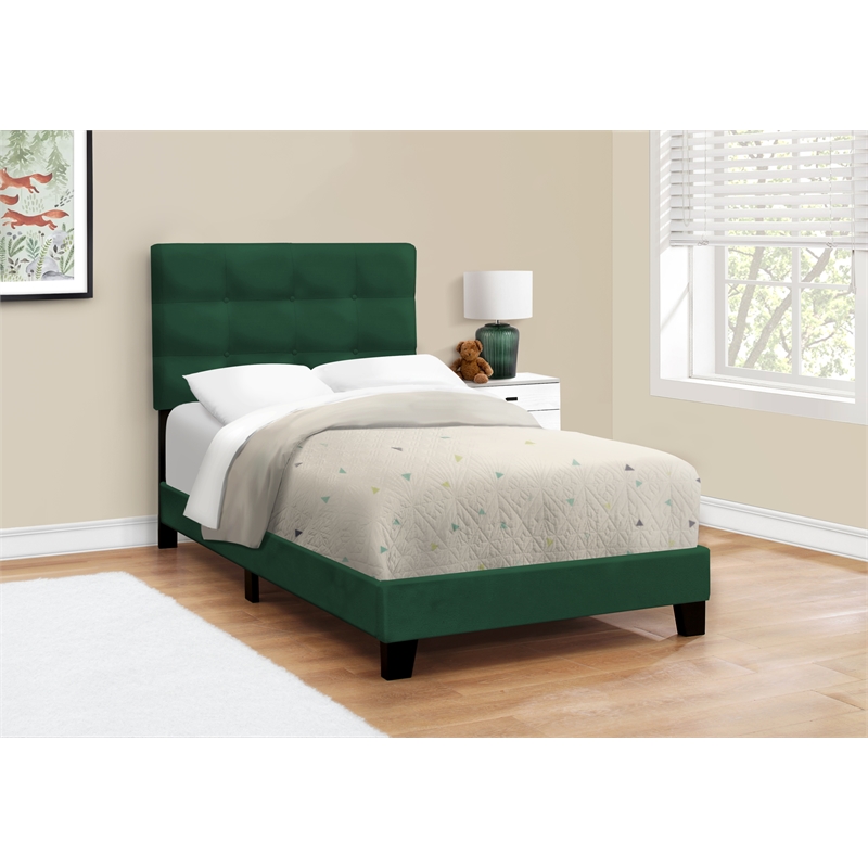 Bed - Twin Size - Upholstered - Bedroom - Frame Only - Youth - Green Velvet