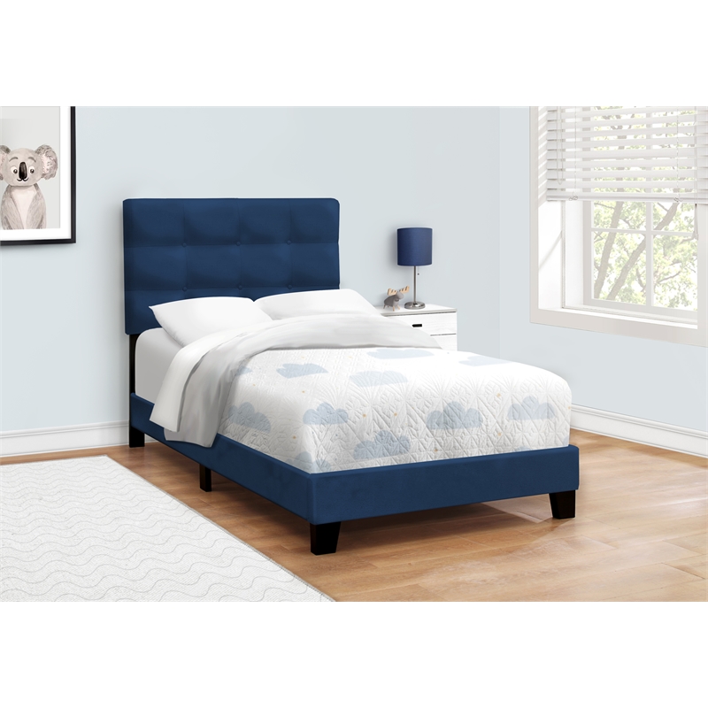 Bed - Twin Size - Upholstered - Bedroom - Frame Only - Youth - Blue Velvet