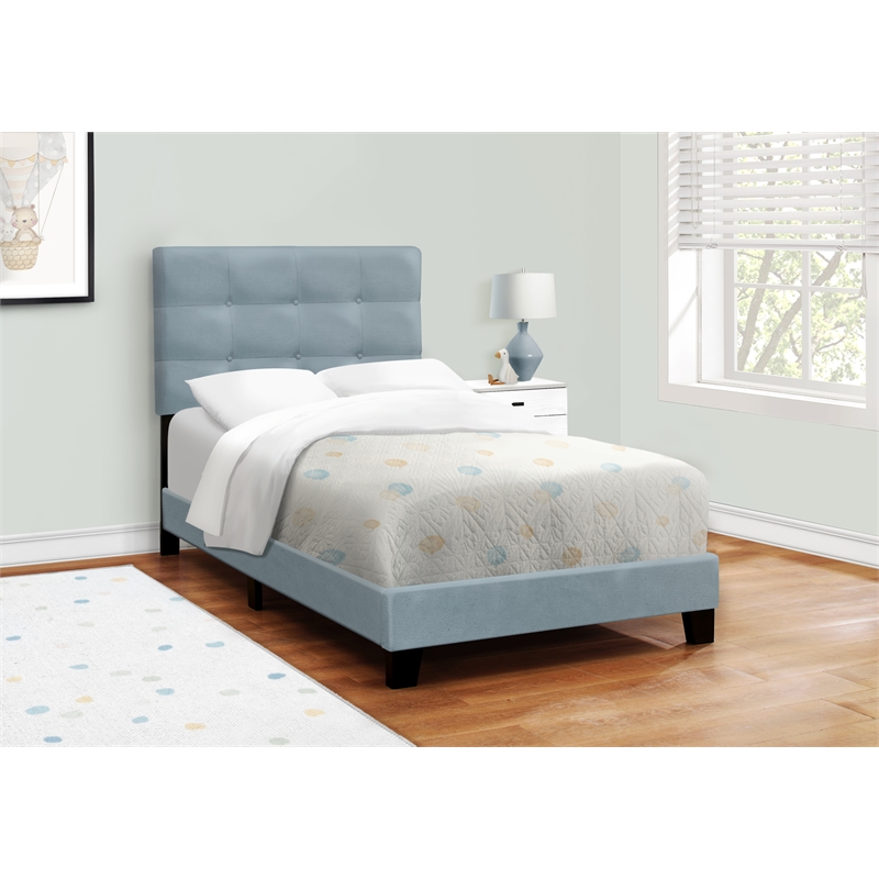 Bed - Twin Size - Upholstered - Bedroom - Frame Only - Youth - Light Blue Velvet