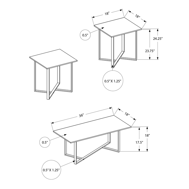 Table Set - 3pcs Set - Coffee - Living Room - Cream Stone Laminate - Black Metal