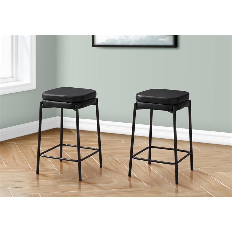 Barstool - Counter Height - Set Of 2 - Kitchen - Black Leather Look -Black Metal