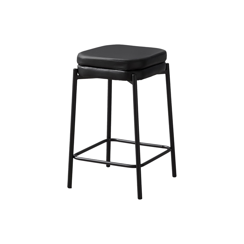 Barstool - Counter Height - Set Of 2 - Kitchen - Black Leather Look -Black Metal