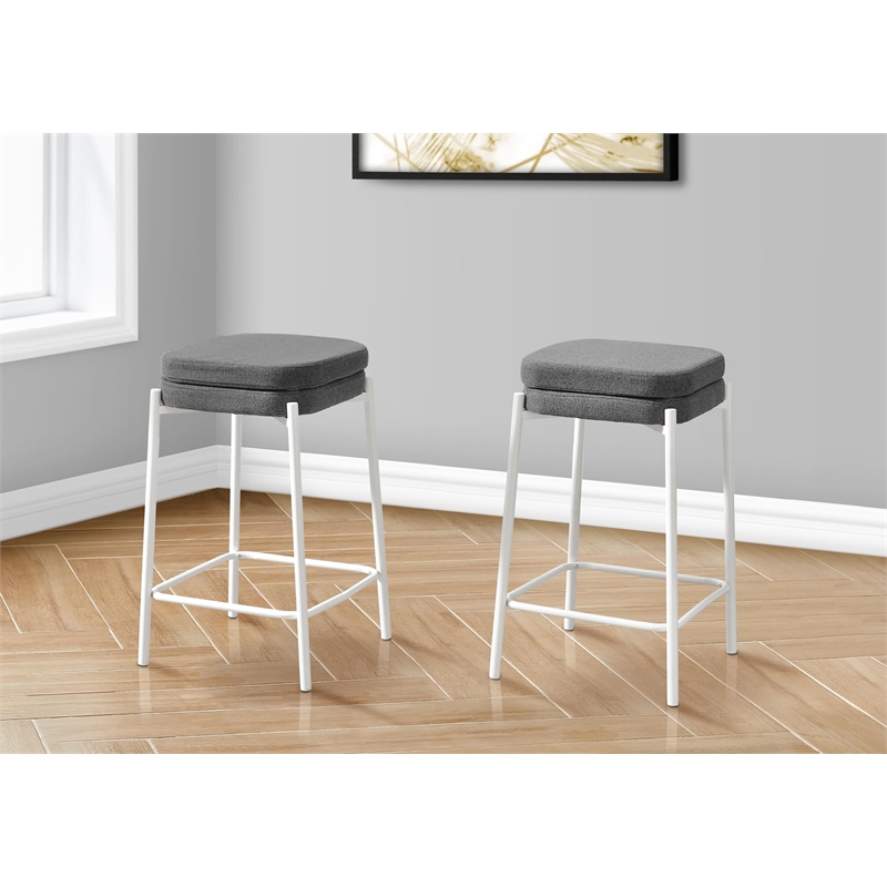 Barstool - Counter Height - Set Of 2 - Kitchen - Gray Fabric - White Metal