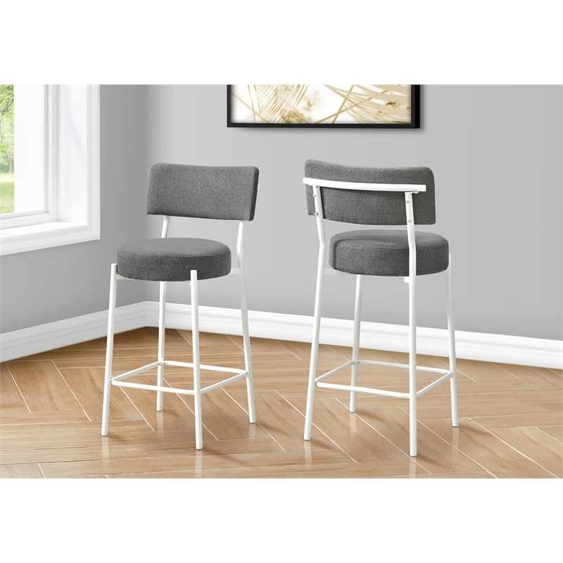 Barstool - Counter Height - Set Of 2 - Kitchen - Gray Fabric - White Metal
