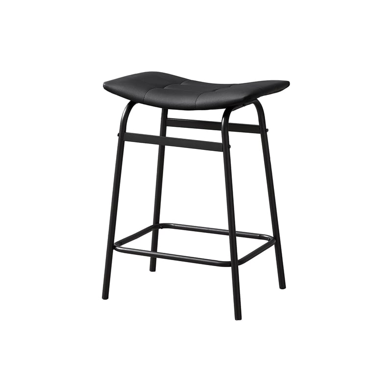 Barstool - Counter Height - Set Of 2 - Kitchen - Black Leather Look -Black Metal
