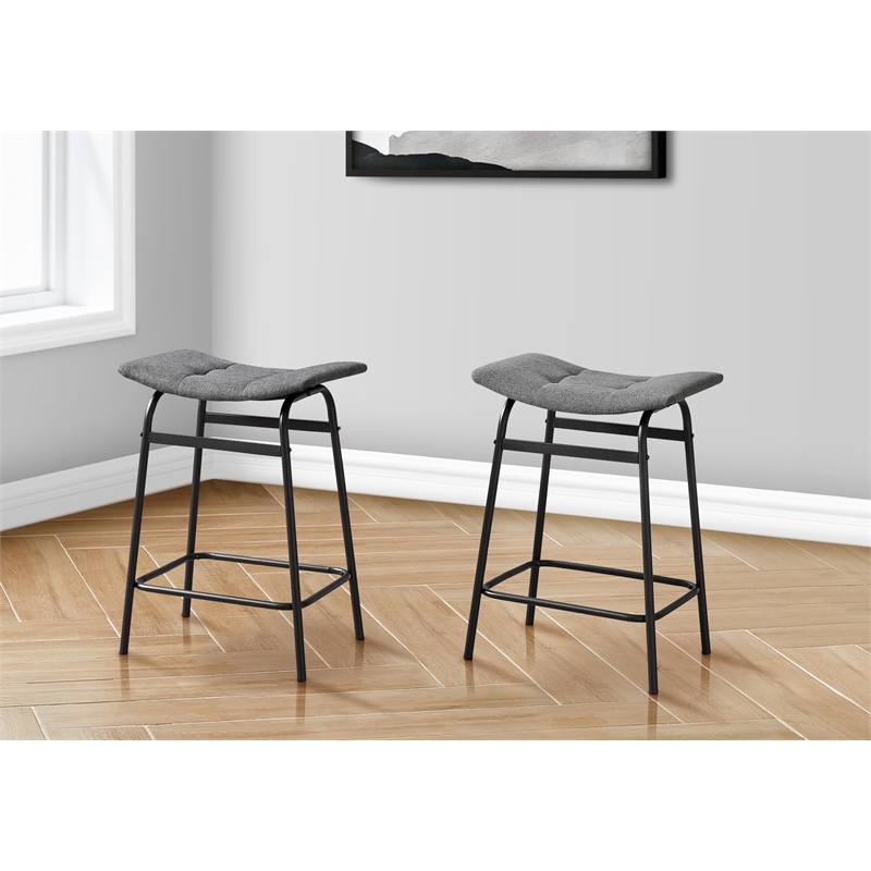Barstool - Counter Height - Set Of 2 - Kitchen - Gray Fabric - Black Metal