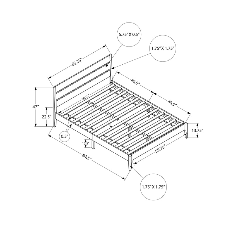 Monarch Queen Platform Bed in Gray with Wood Legs