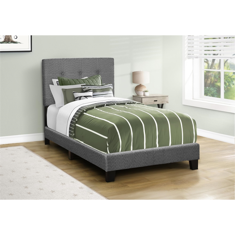 Bed - Twin Size - Upholstered - Bedroom - Frame Only - Juvenile-Dark gray Boucle