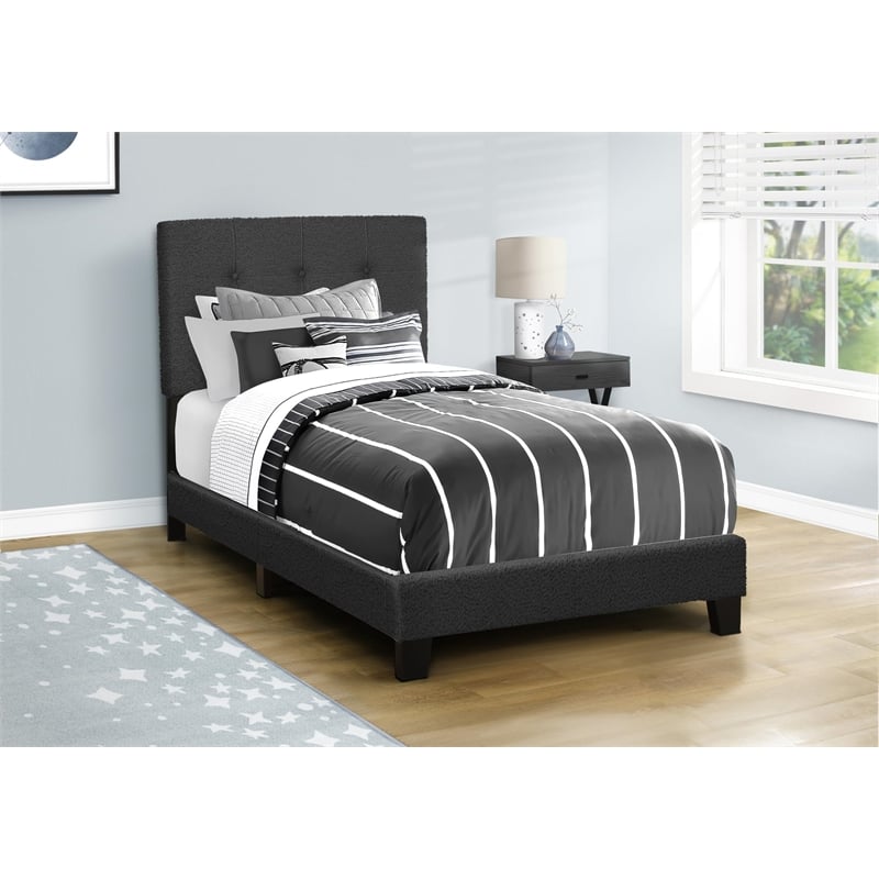 Bed - Twin Size - Upholstered - Bedroom - Frame Only - Juvenile - Black Boucle