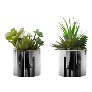 Artificial Plant - 7&quot Tall - Succulent - Indoor - Set Of 2 - Green - Chrome Pots
